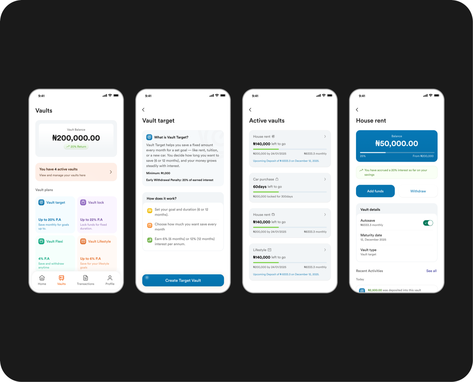 The Vault dashboard: balance, active vaults, four tier cards