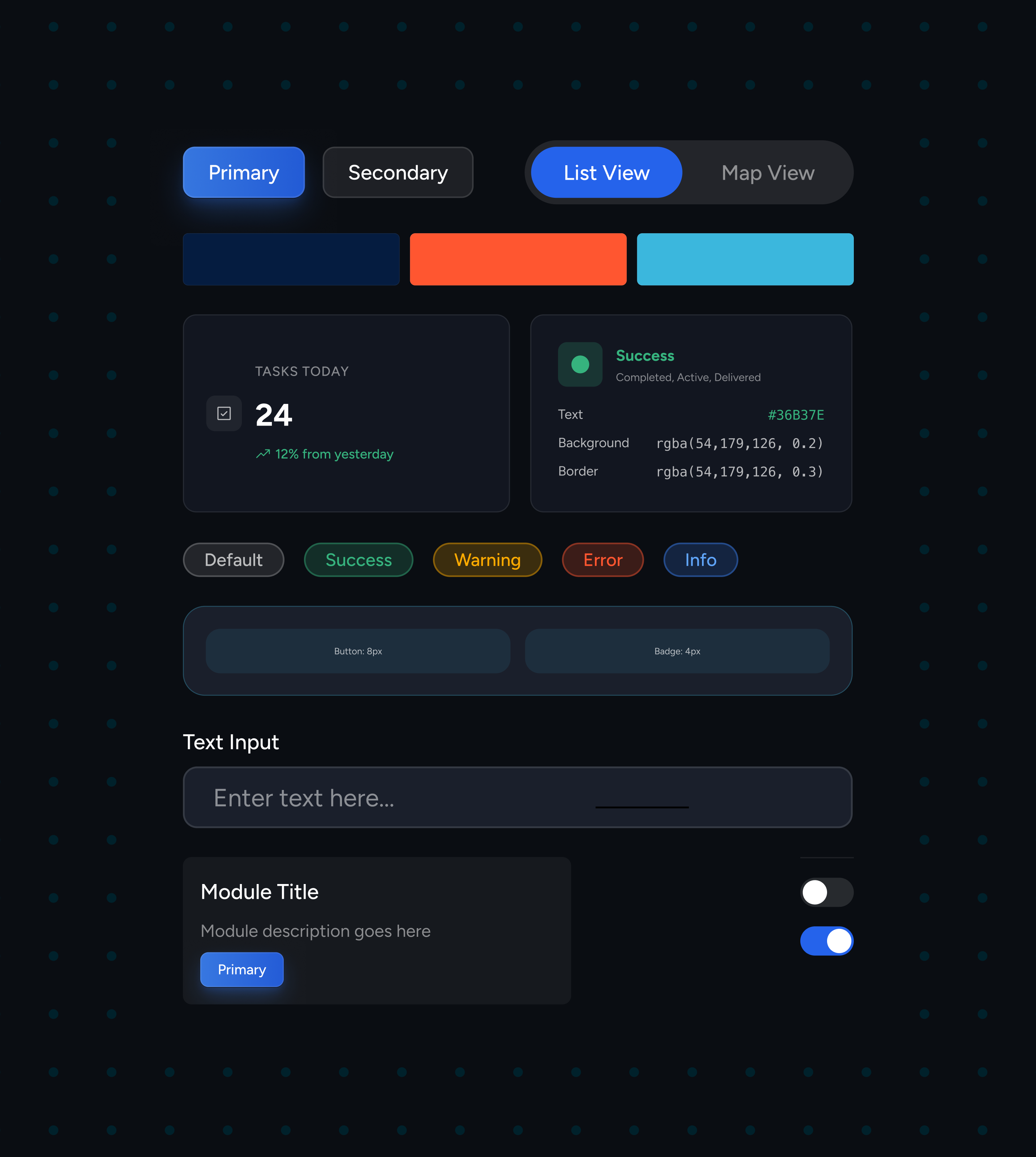 A composite of the design system's components: primary and secondary buttons, list/map view switcher, brand colour blocks, a tasks card and success palette card, default/success/warning/error/info badges, button and badge corner-radius examples, a text input, and a module card with toggle states