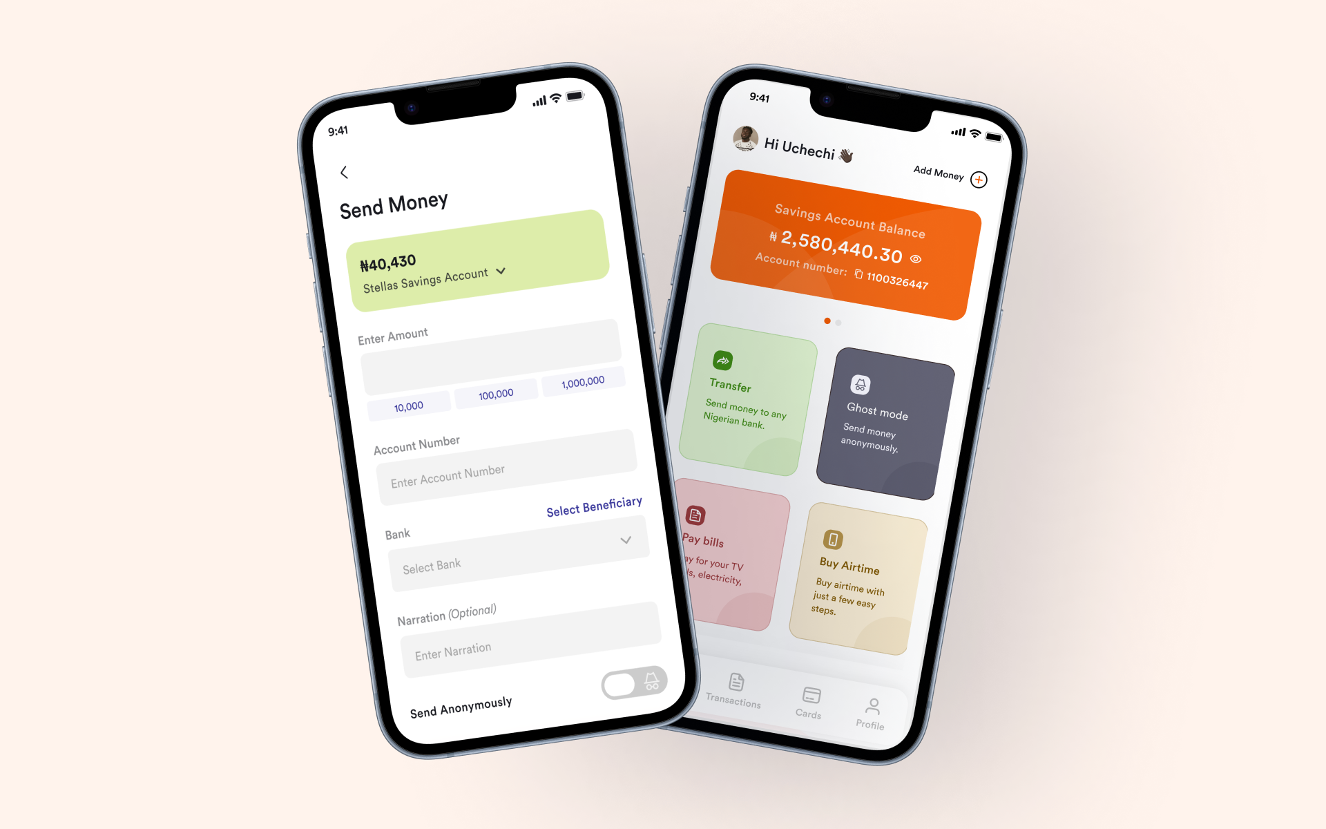 Two Stellas app screens: the Send Money transfer flow and the home dashboard with savings balance and quick actions